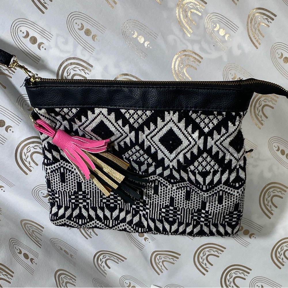 Geometric Black and White Clutch with Pink Tassel